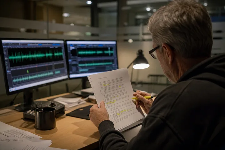 Compliance reviewer highlighting an expert call transcript